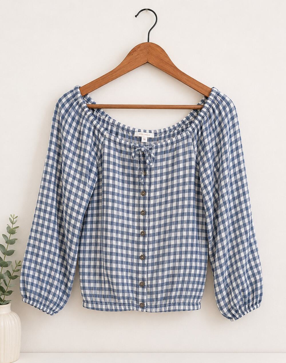 Western Blue and White Plaid Womens Blouse Size S Prairie Gingham Country Ranch
